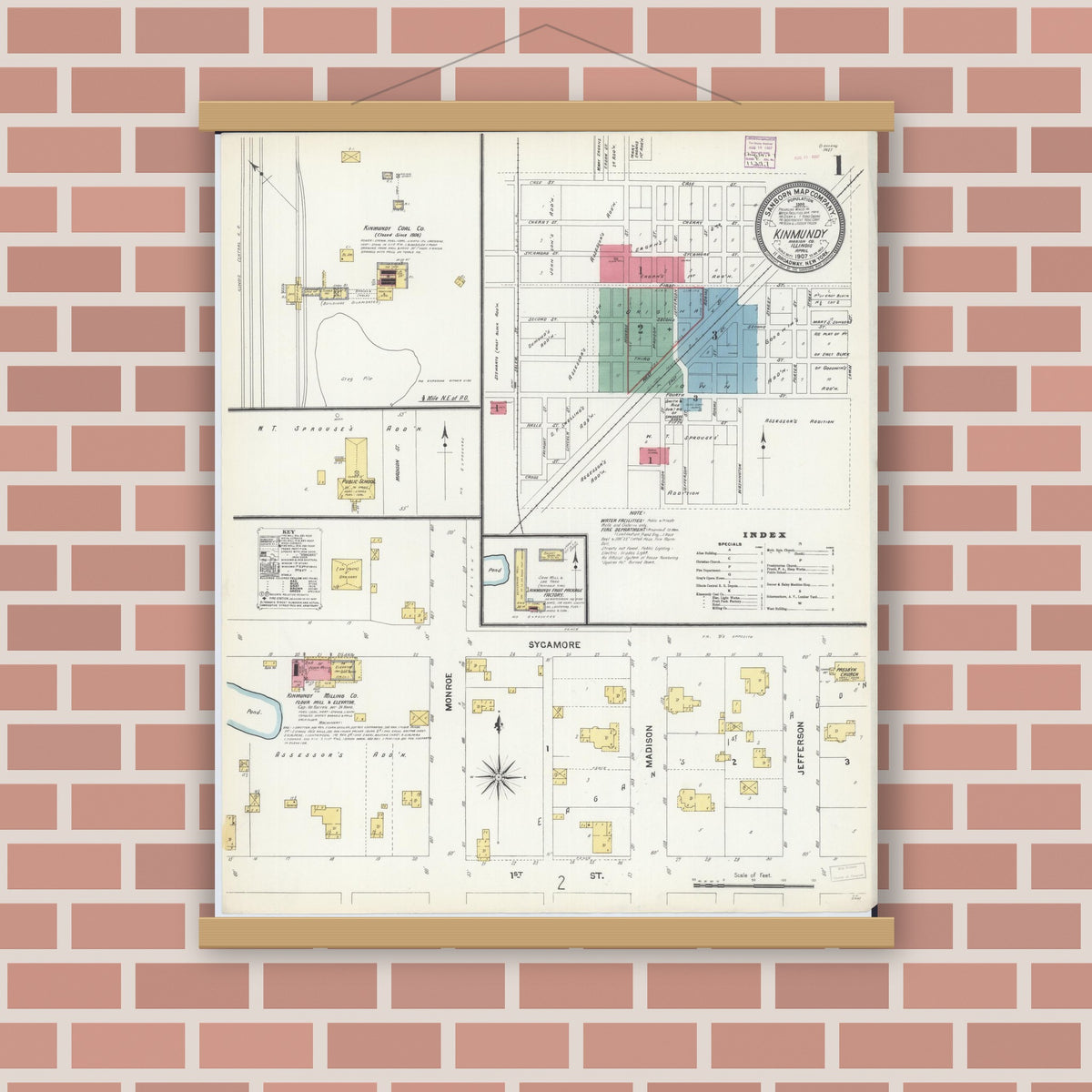 Old map wall art mockup — magnetic wood frame on brick wall — Sanborn Fire Insurance Map from Kinmundy, Marion County, Illinois (1907) - Complete Map Set