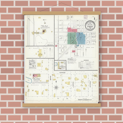 Old map wall art mockup — magnetic wood frame on brick wall — Sanborn Fire Insurance Map from Kinmundy, Marion County, Illinois (1907) - Complete Map Set