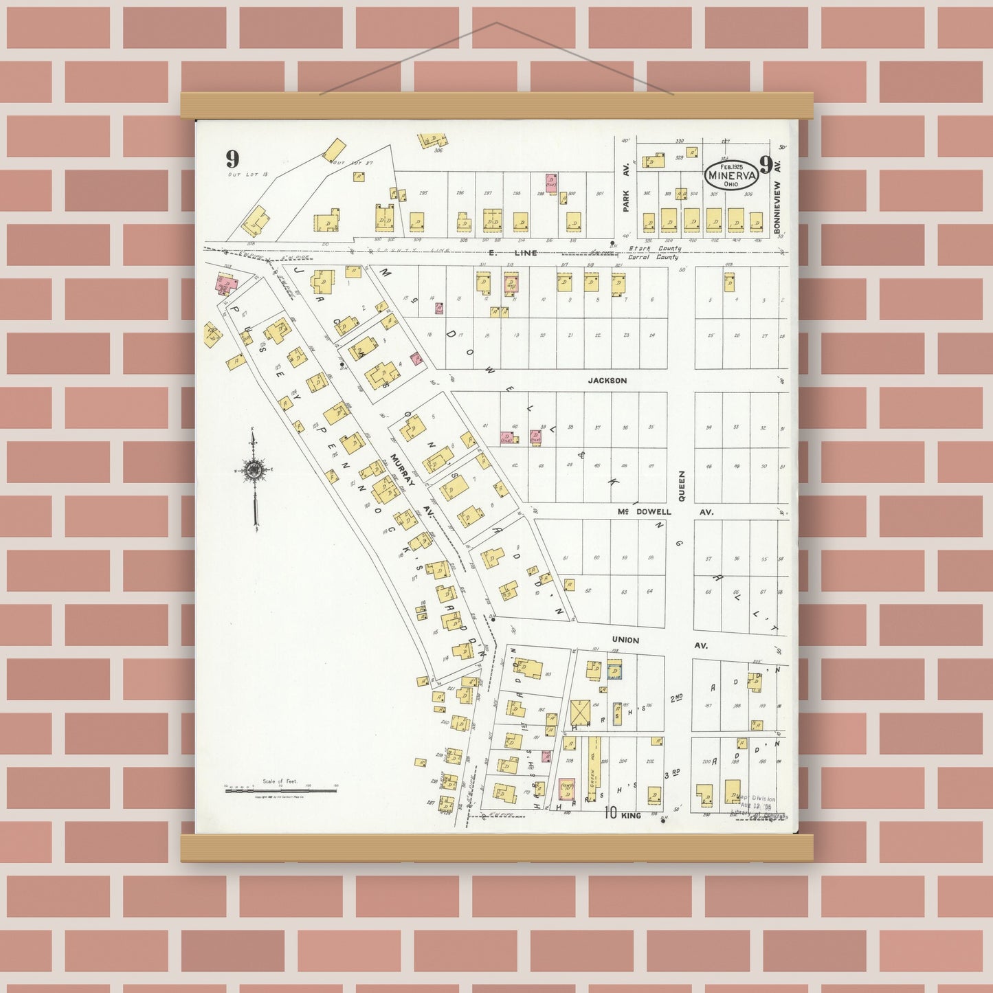 Old map wall art mockup — magnetic wood frame on brick wall — Sanborn Fire Insurance Map from Minerva, Stark And Carroll Counties, Ohio (1925), Sheet #0009