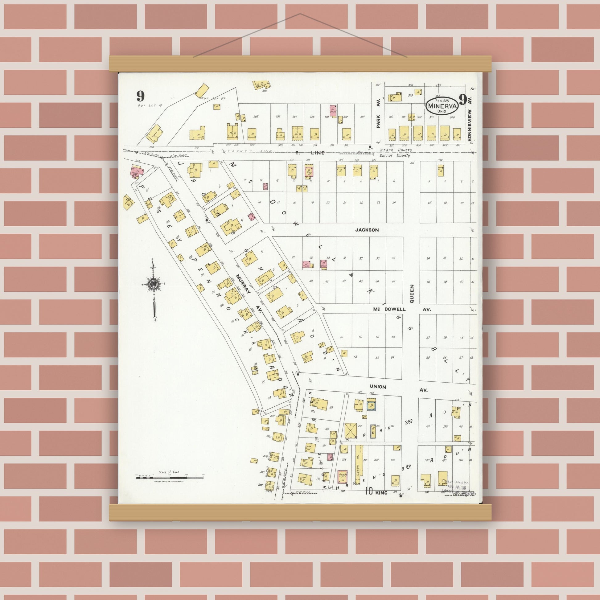 Old map wall art mockup — magnetic wood frame on brick wall — Sanborn Fire Insurance Map from Minerva, Stark And Carroll Counties, Ohio (1925), Sheet #0009
