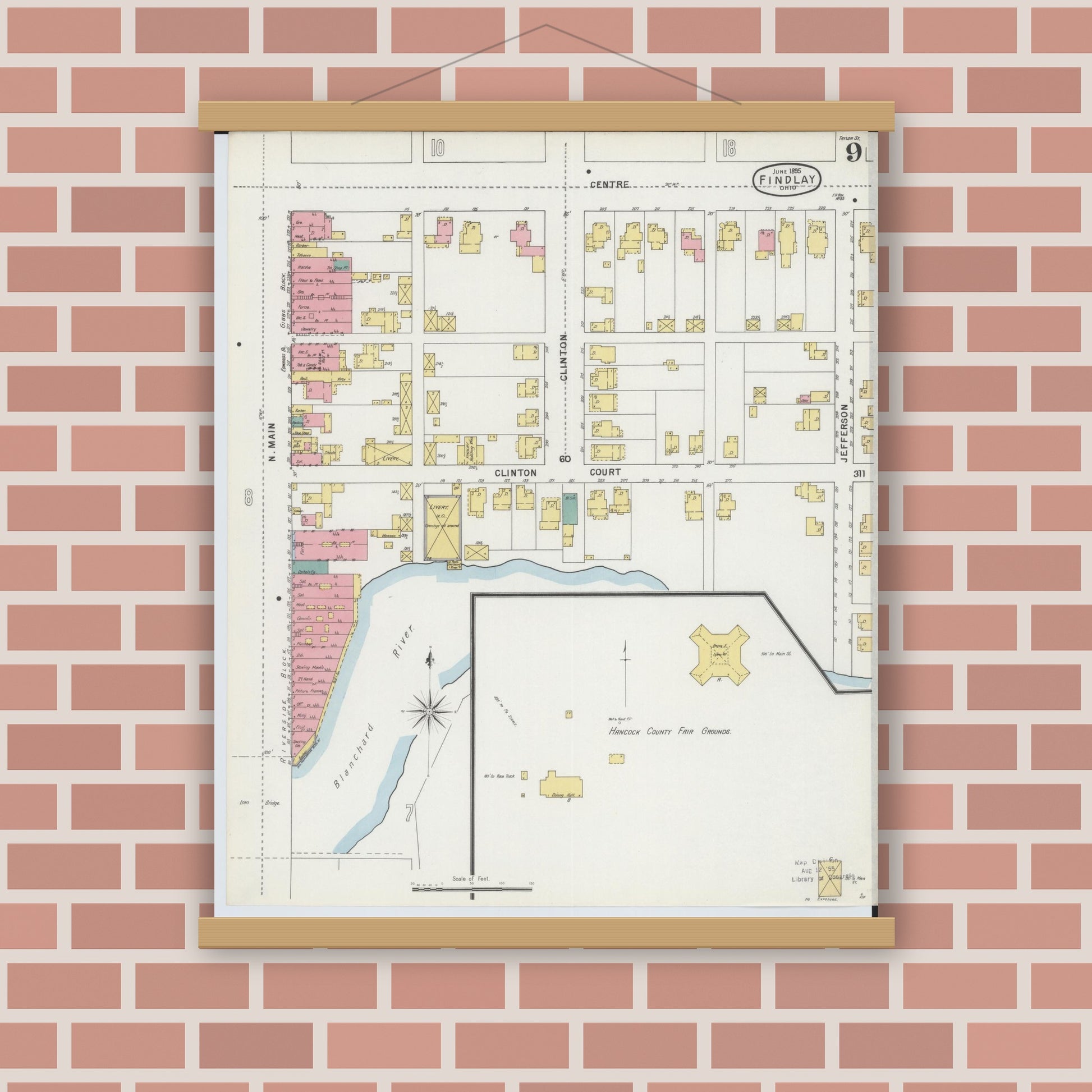 Old map wall art mockup — magnetic wood frame on brick wall — Sanborn Fire Insurance Map from Findlay, Hancock County, Ohio (1895), Sheet #0009