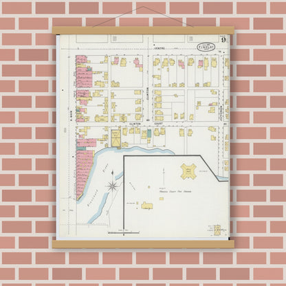 Old map wall art mockup — magnetic wood frame on brick wall — Sanborn Fire Insurance Map from Findlay, Hancock County, Ohio (1895), Sheet #0009