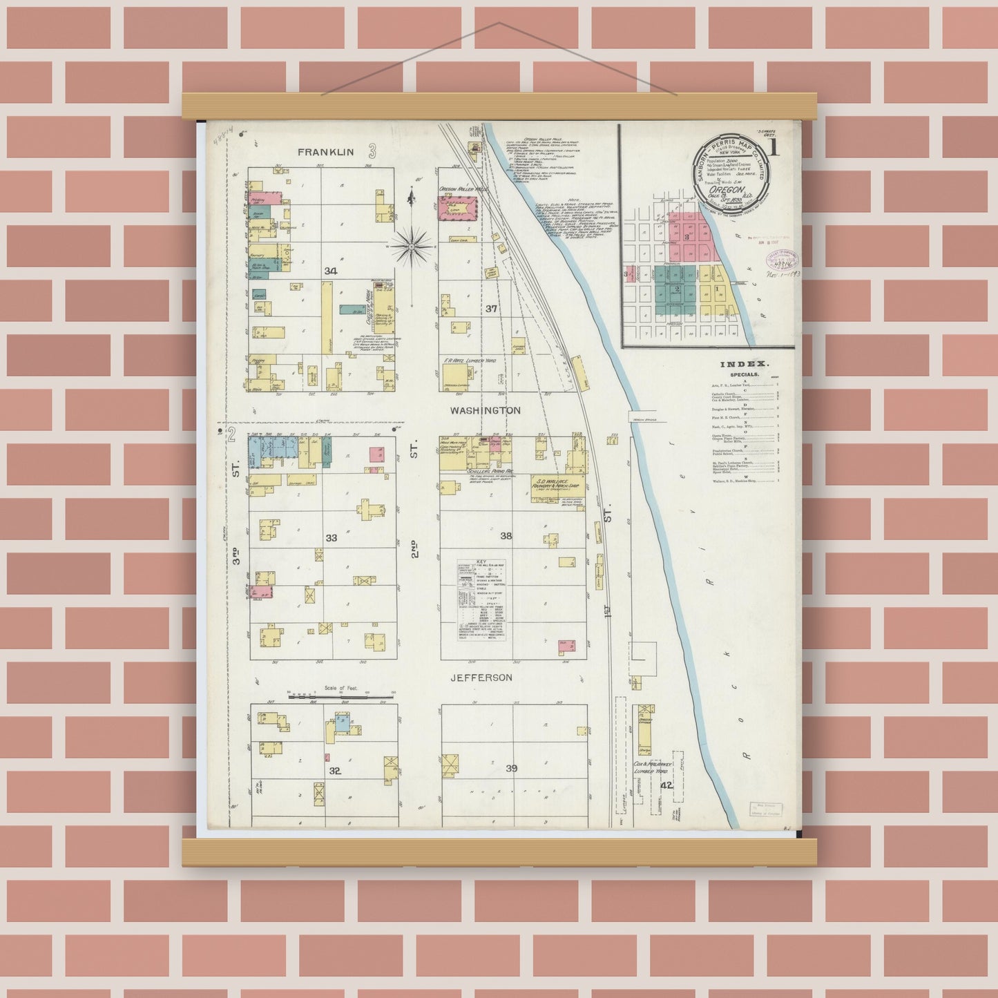 Old map wall art mockup — magnetic wood frame on brick wall — Sanborn Fire Insurance Map from Oregon, Ogle County, Illinois (1893), Sheet #0001
