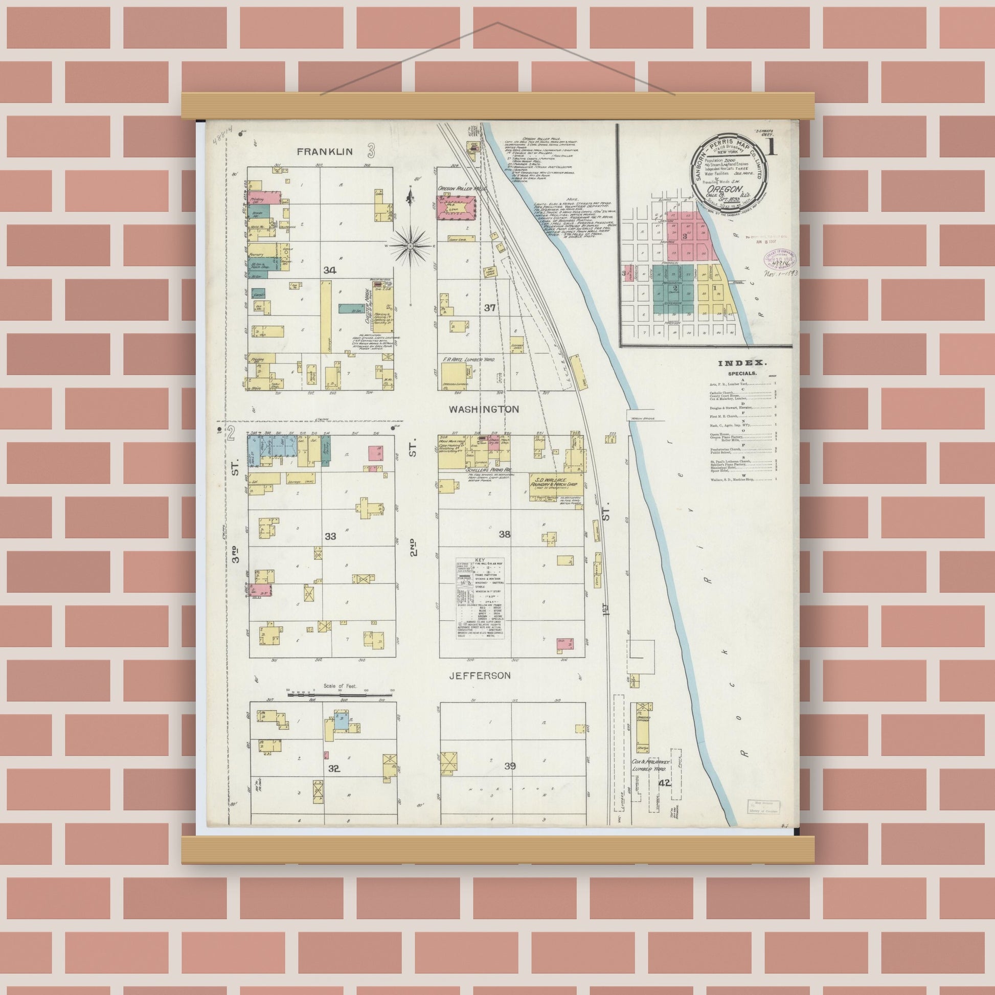 Old map wall art mockup — magnetic wood frame on brick wall — Sanborn Fire Insurance Map from Oregon, Ogle County, Illinois (1893), Sheet #0001
