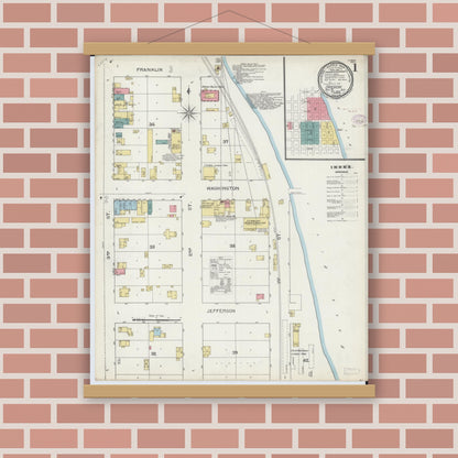 Old map wall art mockup — magnetic wood frame on brick wall — Sanborn Fire Insurance Map from Oregon, Ogle County, Illinois (1893), Sheet #0001