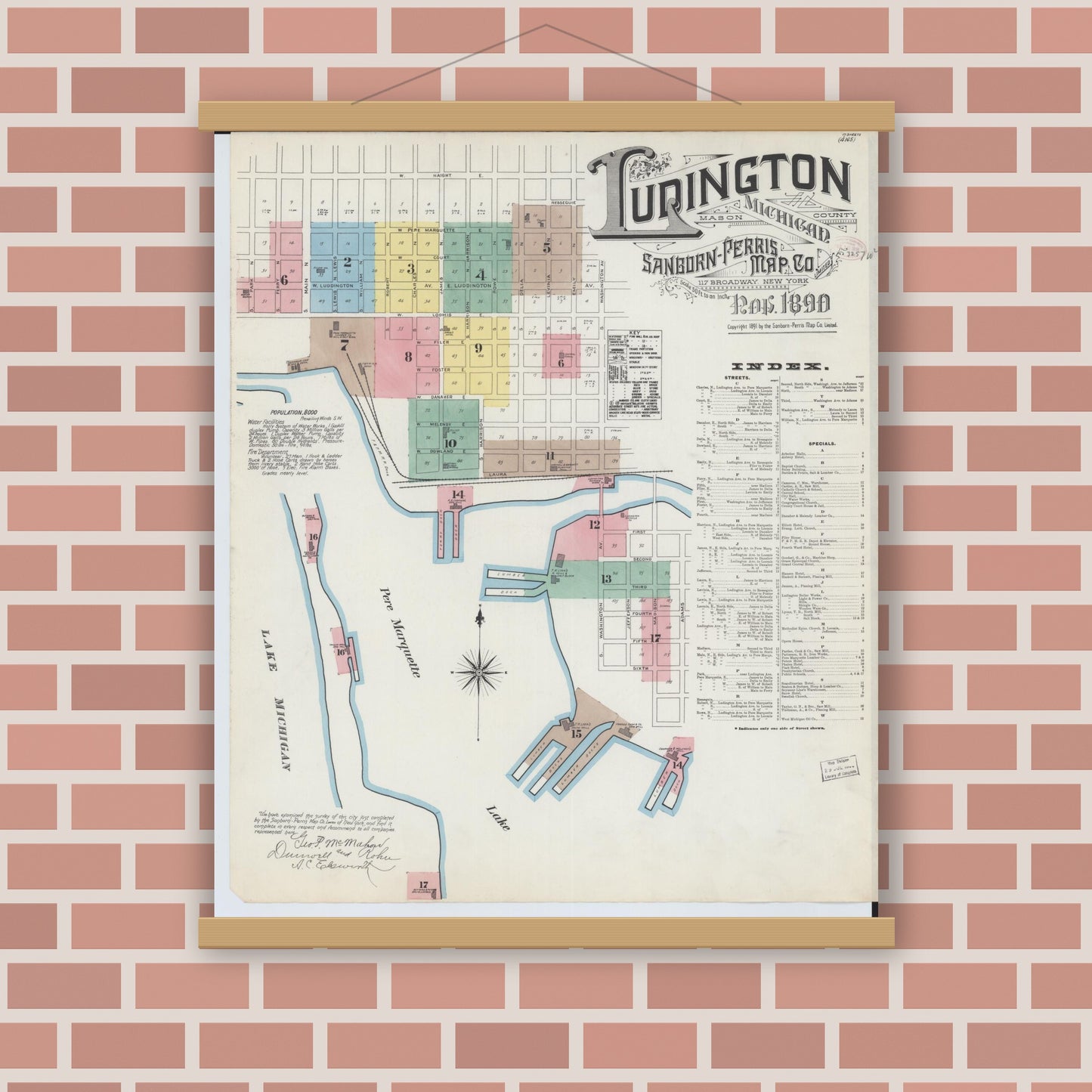 Old map wall art mockup — magnetic wood frame on brick wall — Sanborn Fire Insurance Map from Ludington, Mason County, Michigan (1890) - Complete Map Set