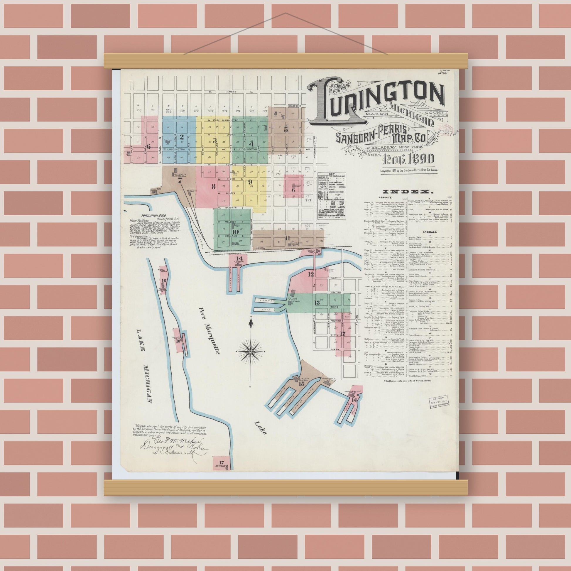 Old map wall art mockup — magnetic wood frame on brick wall — Sanborn Fire Insurance Map from Ludington, Mason County, Michigan (1890) - Complete Map Set