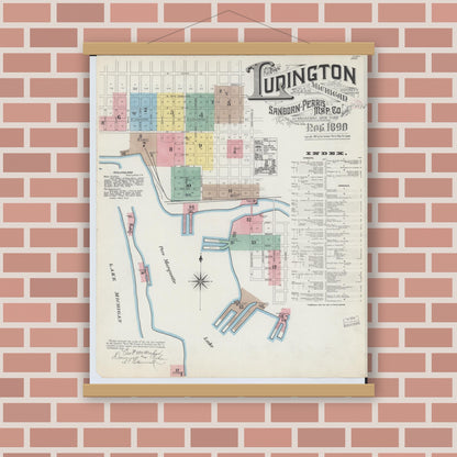 Old map wall art mockup — magnetic wood frame on brick wall — Sanborn Fire Insurance Map from Ludington, Mason County, Michigan (1890) - Complete Map Set