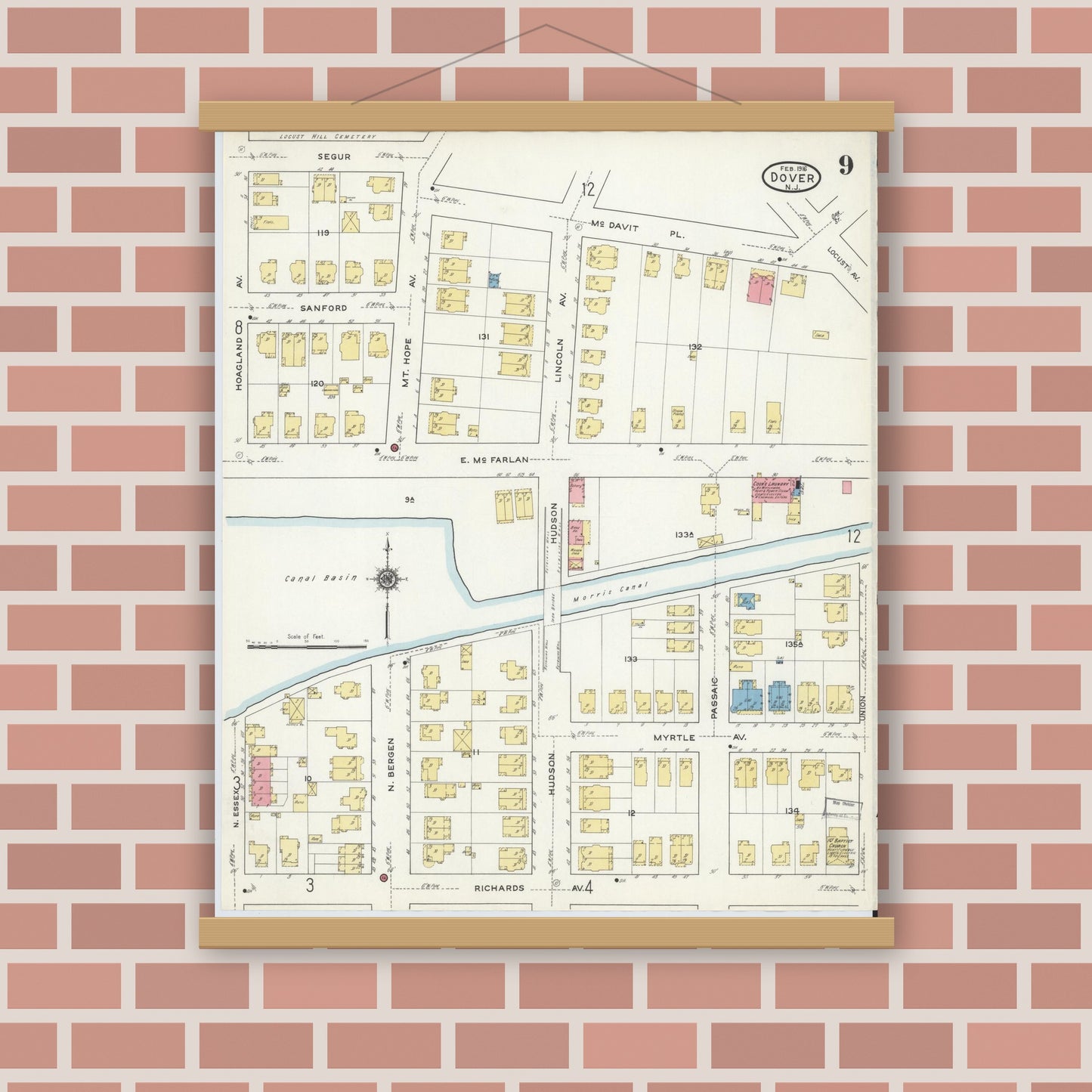 Old map wall art mockup — magnetic wood frame on brick wall — Sanborn Fire Insurance Map from Dover, Morris County, New Jersey (1916), Sheet #0009