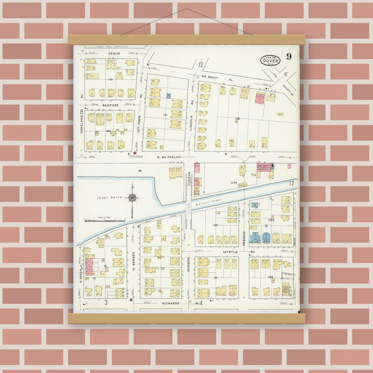 Old map wall art mockup — magnetic wood frame on brick wall — Sanborn Fire Insurance Map from Dover, Morris County, New Jersey (1916), Sheet #0009