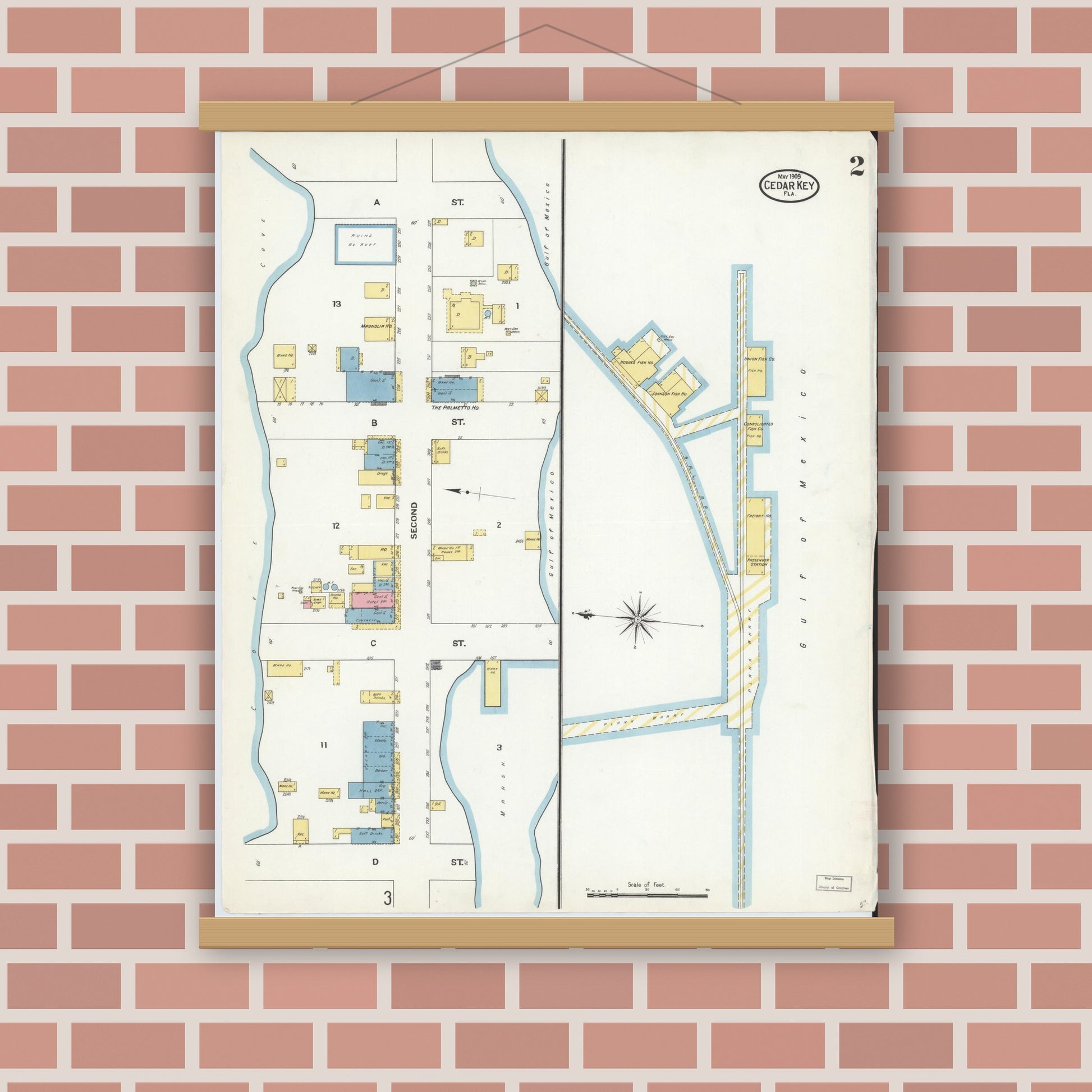 Old map wall art mockup — magnetic wood frame on brick wall — Sanborn Fire Insurance Map from Cedar Key, Levy County, Florida (1909), Sheet #0002