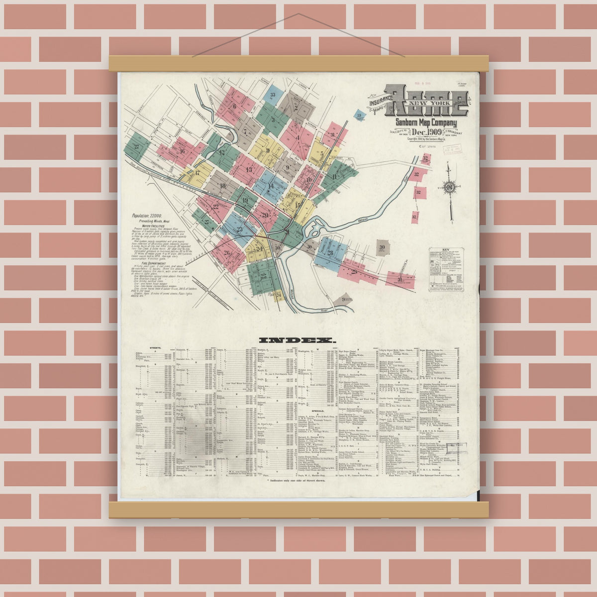 Old map wall art mockup — magnetic wood frame on brick wall — Sanborn Fire Insurance Map from Rome, Oneida County, New York (1909), Sheet #0001