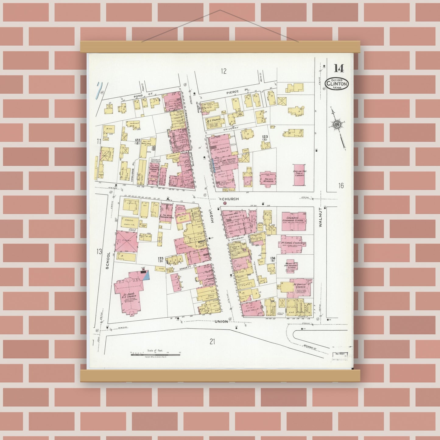 Old map wall art mockup — magnetic wood frame on brick wall — Sanborn Fire Insurance Map from Clinton, Worcester County, Massachusetts (1919), Sheet #0014