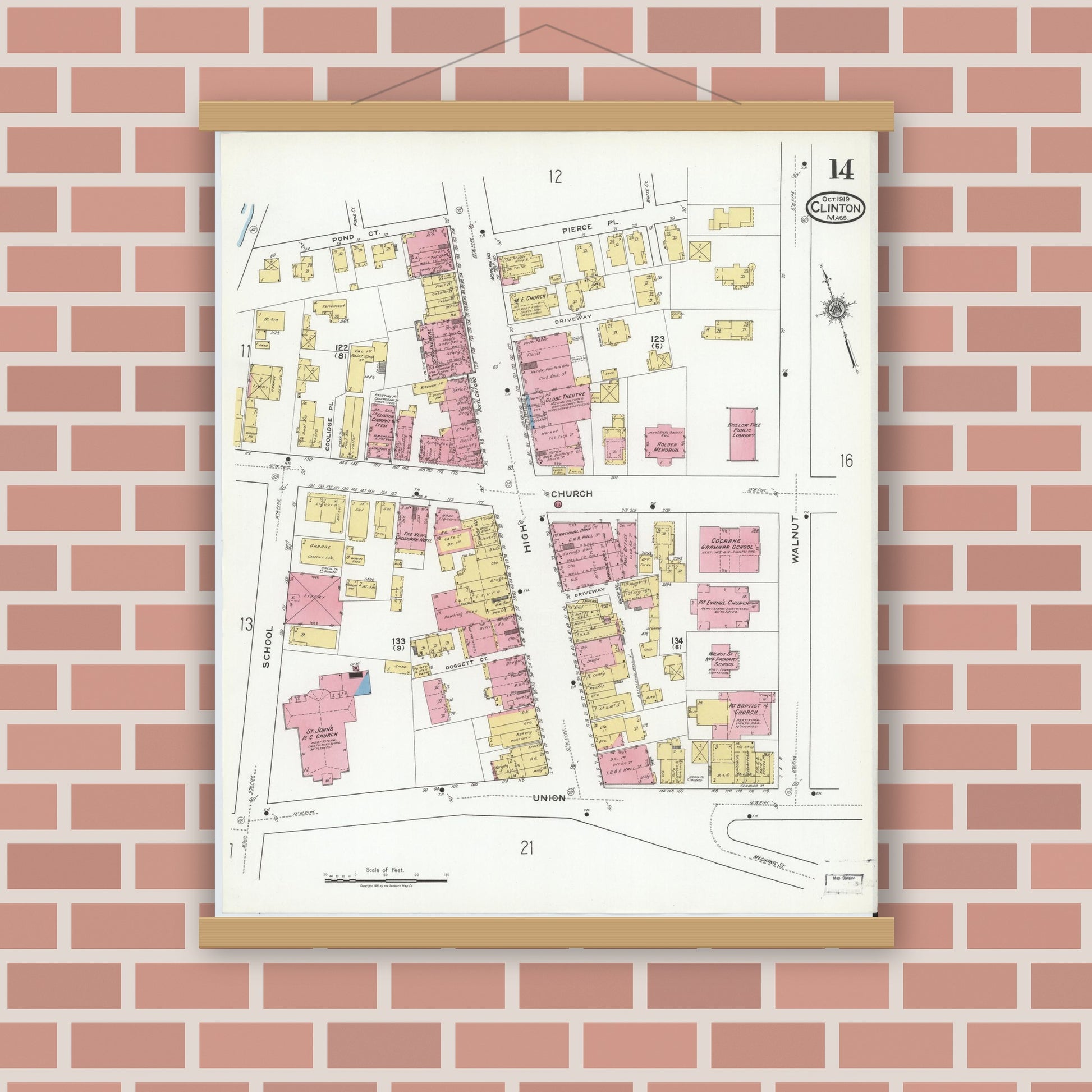 Old map wall art mockup — magnetic wood frame on brick wall — Sanborn Fire Insurance Map from Clinton, Worcester County, Massachusetts (1919), Sheet #0014