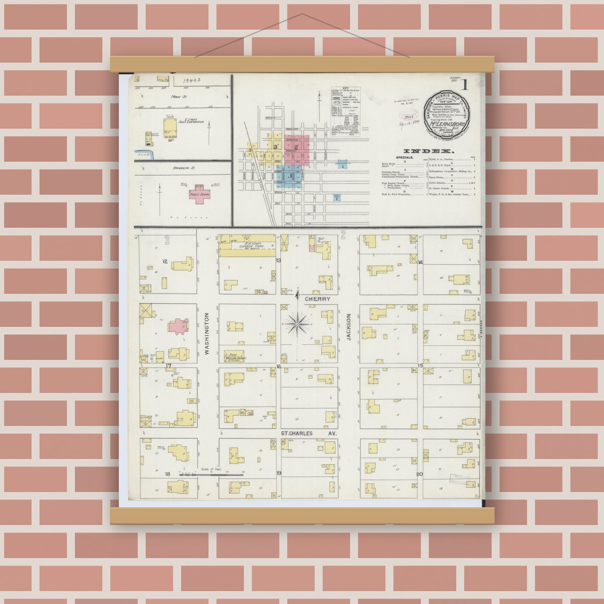 Old map wall art mockup — magnetic wood frame on brick wall — Sanborn Fire Insurance Map from Mcleansboro, Hamilton County, Illinois (1894) - Complete Map Set