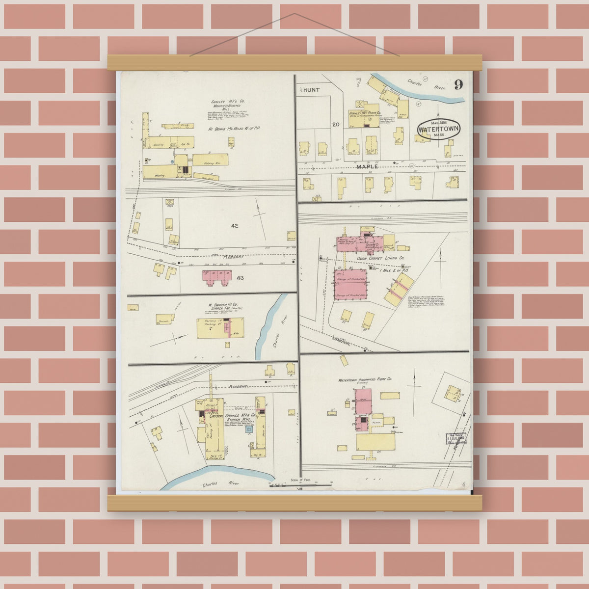 Old map wall art mockup — magnetic wood frame on brick wall — Sanborn Fire Insurance Map from Watertown, Middlesex County, Massachusetts (1894), Sheet #0009