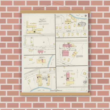 Old map wall art mockup — magnetic wood frame on brick wall — Sanborn Fire Insurance Map from Watertown, Middlesex County, Massachusetts (1894), Sheet #0009