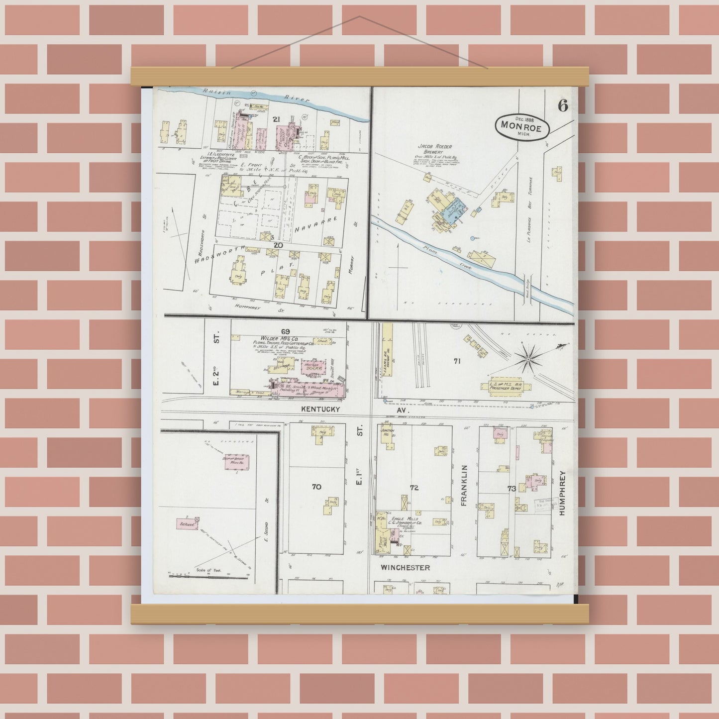 Old map wall art mockup — magnetic wood frame on brick wall — Sanborn Fire Insurance Map from Monroe, Monroe County, Michigan (1888), Sheet #0006