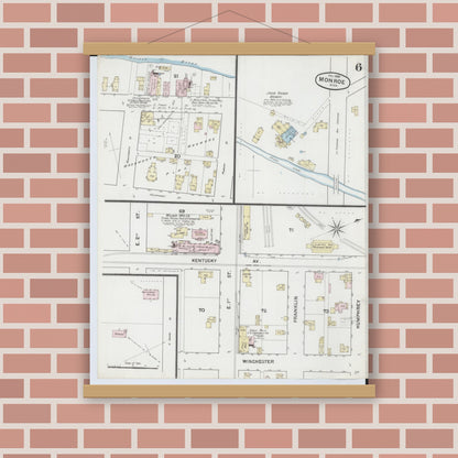 Old map wall art mockup — magnetic wood frame on brick wall — Sanborn Fire Insurance Map from Monroe, Monroe County, Michigan (1888), Sheet #0006