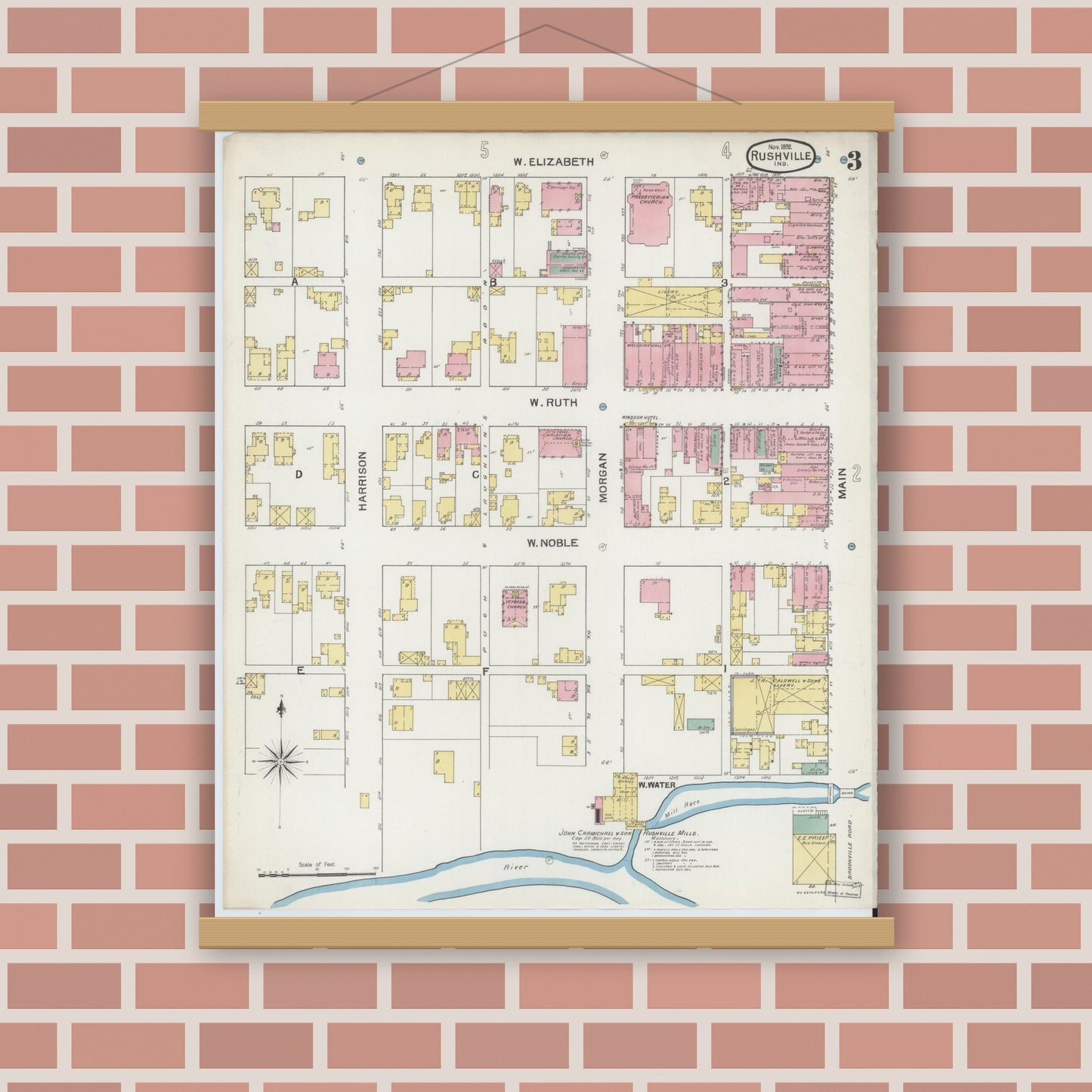 Old map wall art mockup — magnetic wood frame on brick wall — Sanborn Fire Insurance Map from Rushville, Rush County, Indiana (1892), Sheet #0003