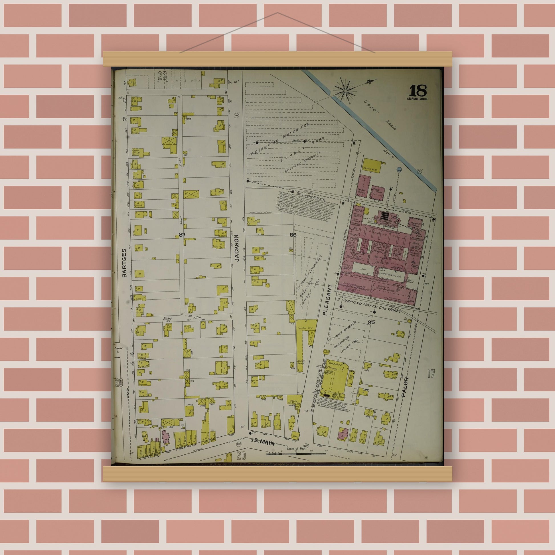 Old map wall art mockup — magnetic wood frame on brick wall — Sanborn Fire Insurance Map from Akron, Summit County, Ohio (1892), Sheet #0018