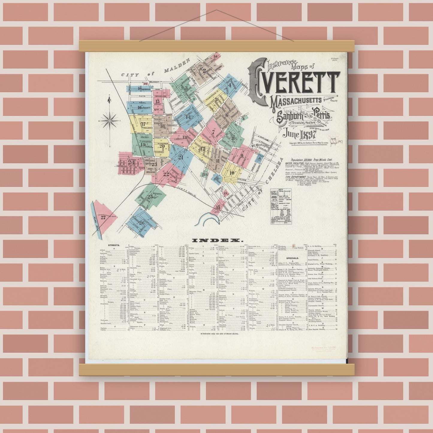 Old map wall art mockup — magnetic wood frame on brick wall — Sanborn Fire Insurance Map from Everett, Middlesex County, Massachusetts (1897) - Complete Map Set