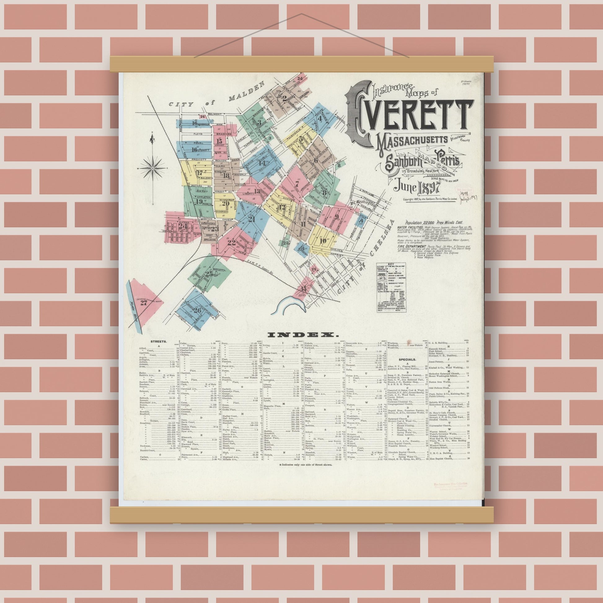 Old map wall art mockup — magnetic wood frame on brick wall — Sanborn Fire Insurance Map from Everett, Middlesex County, Massachusetts (1897) - Complete Map Set