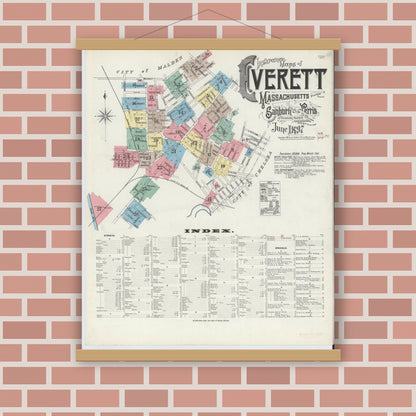 Old map wall art mockup — magnetic wood frame on brick wall — Sanborn Fire Insurance Map from Everett, Middlesex County, Massachusetts (1897) - Complete Map Set