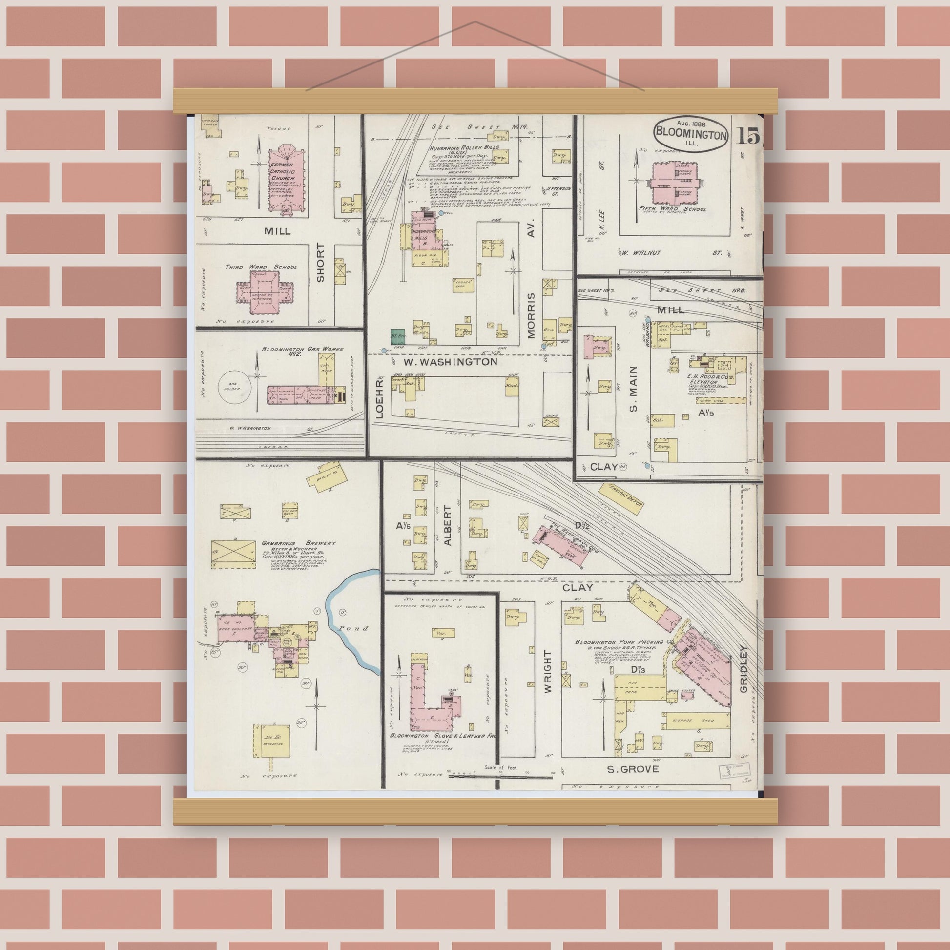 Old map wall art mockup — magnetic wood frame on brick wall — Sanborn Fire Insurance Map from Bloomington, McLean County, Illinois (1886), Sheet #0015