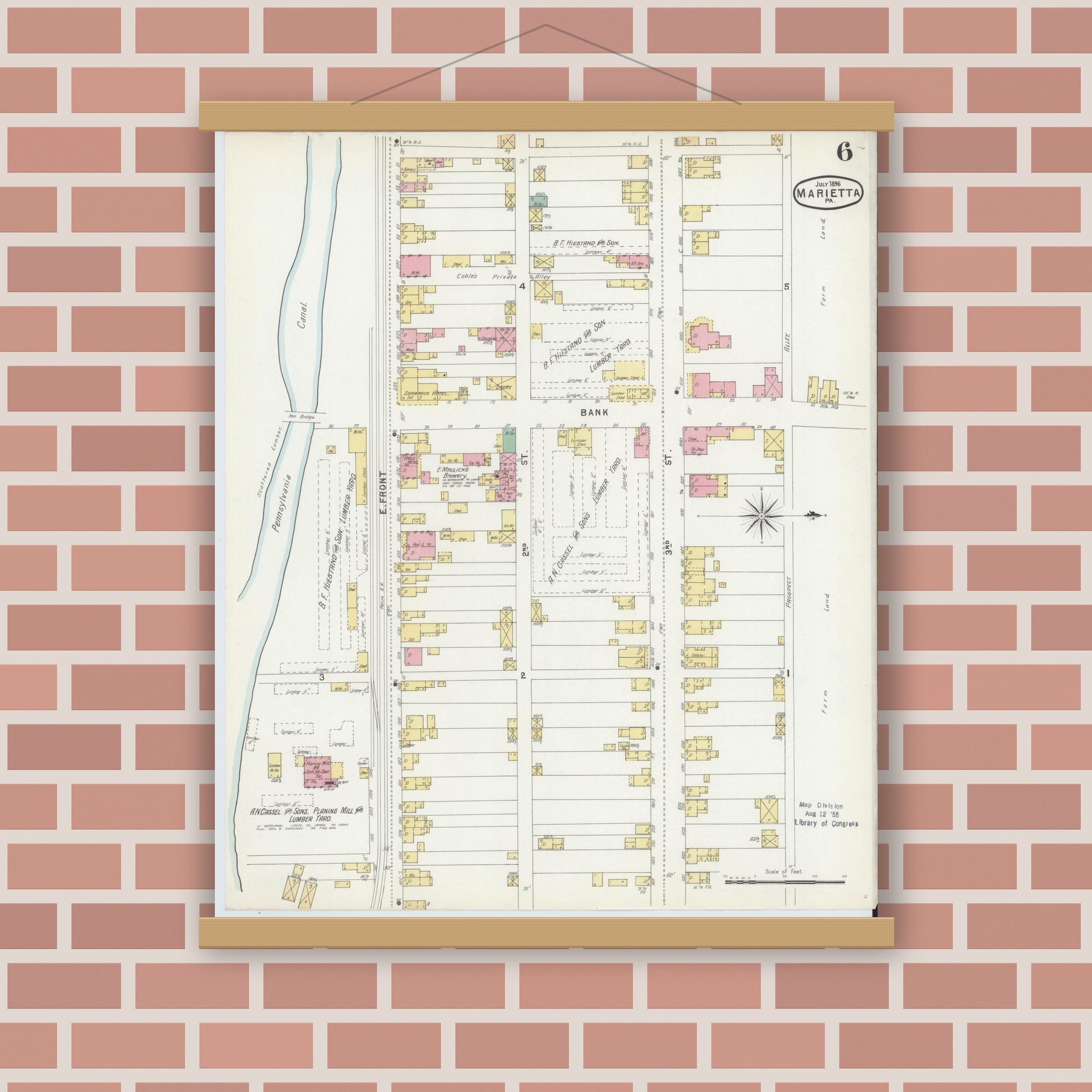 Old map wall art mockup — magnetic wood frame on brick wall — Sanborn Fire Insurance Map from Marietta, Lancaster County, Pennsylvania (1896), Sheet #0006