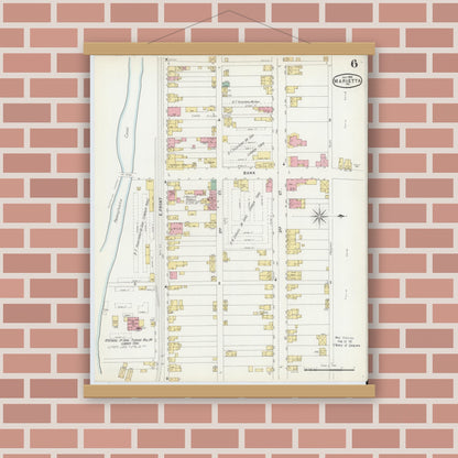 Old map wall art mockup — magnetic wood frame on brick wall — Sanborn Fire Insurance Map from Marietta, Lancaster County, Pennsylvania (1896), Sheet #0006
