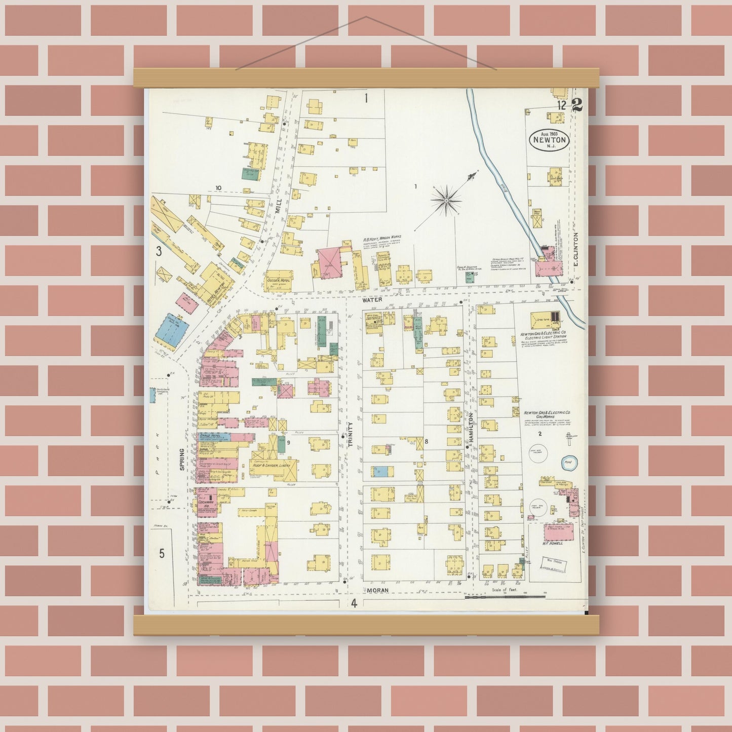 Old map wall art mockup — magnetic wood frame on brick wall — Sanborn Fire Insurance Map from Newton, Sussex County, New Jersey (1903), Sheet #0002