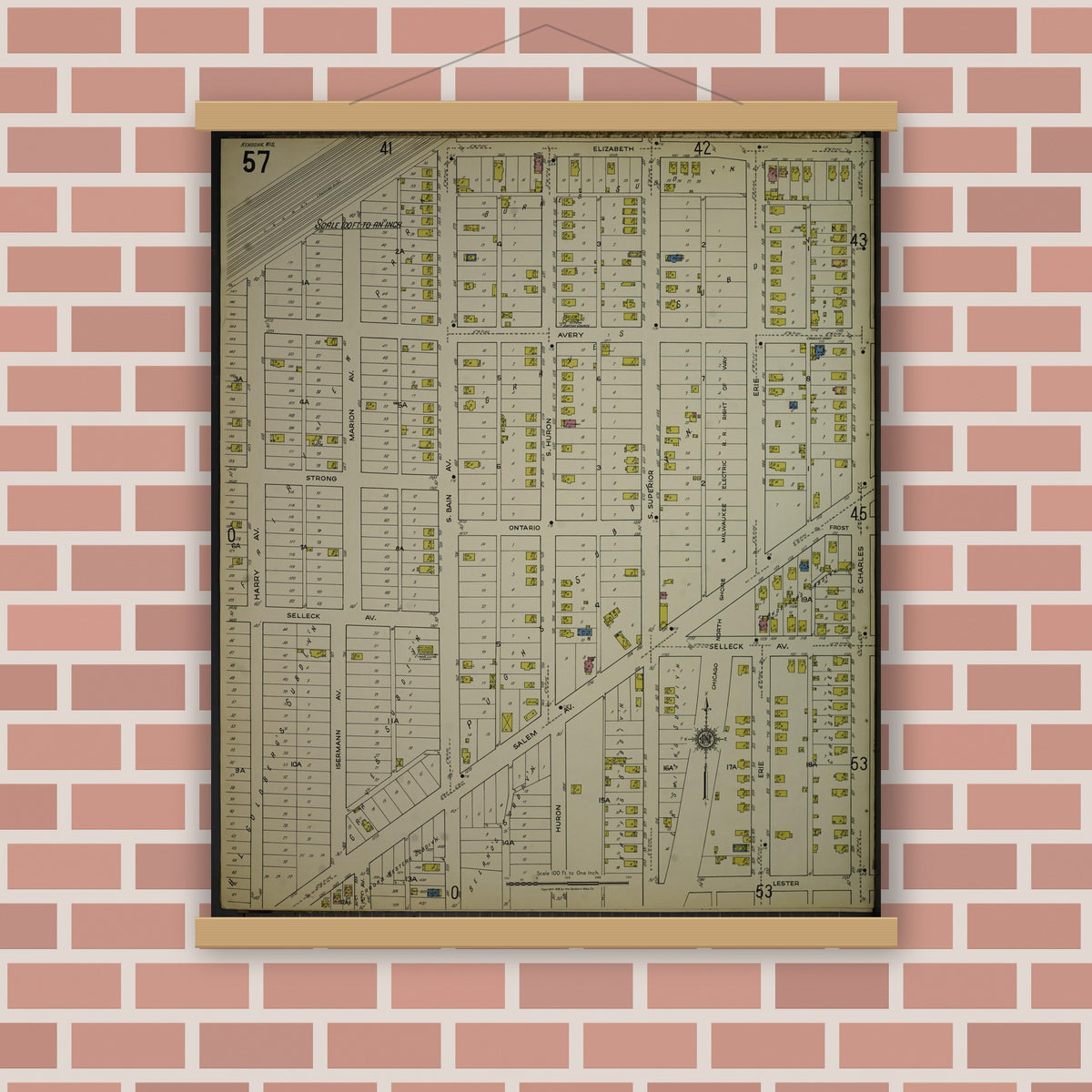 Old map wall art mockup — magnetic wood frame on brick wall — Sanborn Fire Insurance Map from Kenosha, Kenosha County, Wisconsin. (1918), Sheet 61