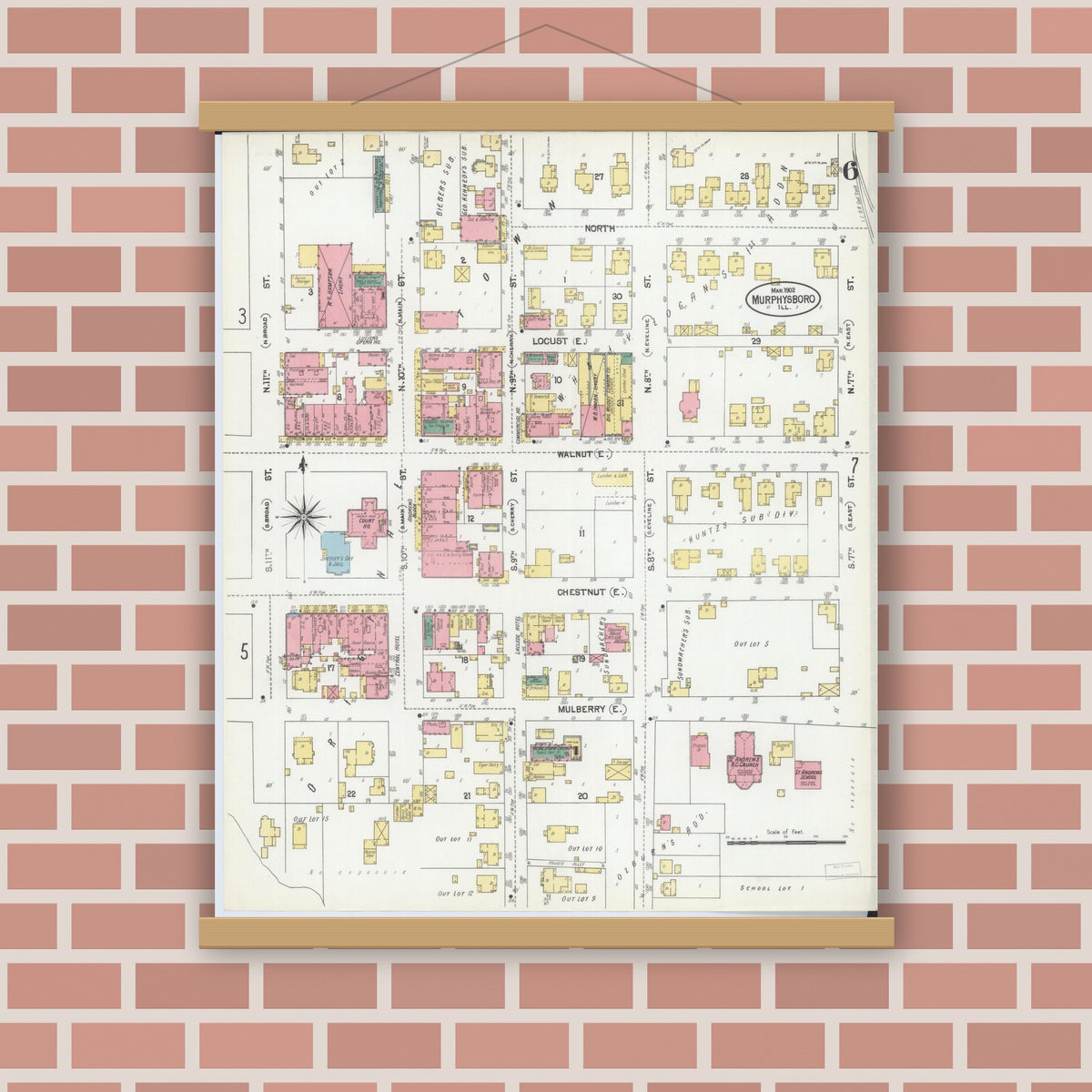 Old map wall art mockup — magnetic wood frame on brick wall — Sanborn Fire Insurance Map from Murphysboro, Jackson County, Illinois (1902), Sheet #0006