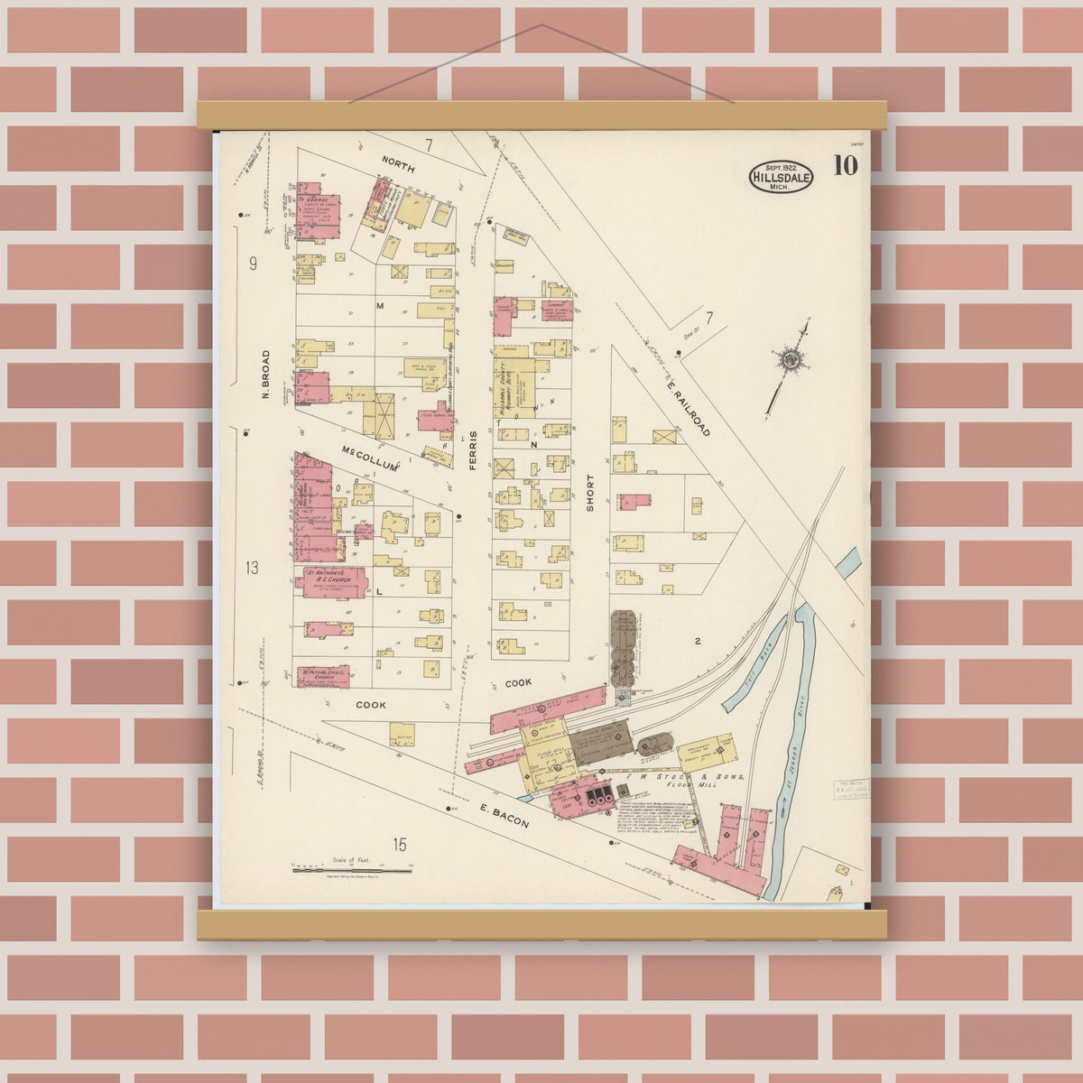Old map wall art mockup — magnetic wood frame on brick wall — Sanborn Fire Insurance Map from Hillsdale, Hillsdale County, Michigan (1922), Sheet #0010