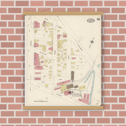 Old map wall art mockup — magnetic wood frame on brick wall — Sanborn Fire Insurance Map from Hillsdale, Hillsdale County, Michigan (1922), Sheet #0010