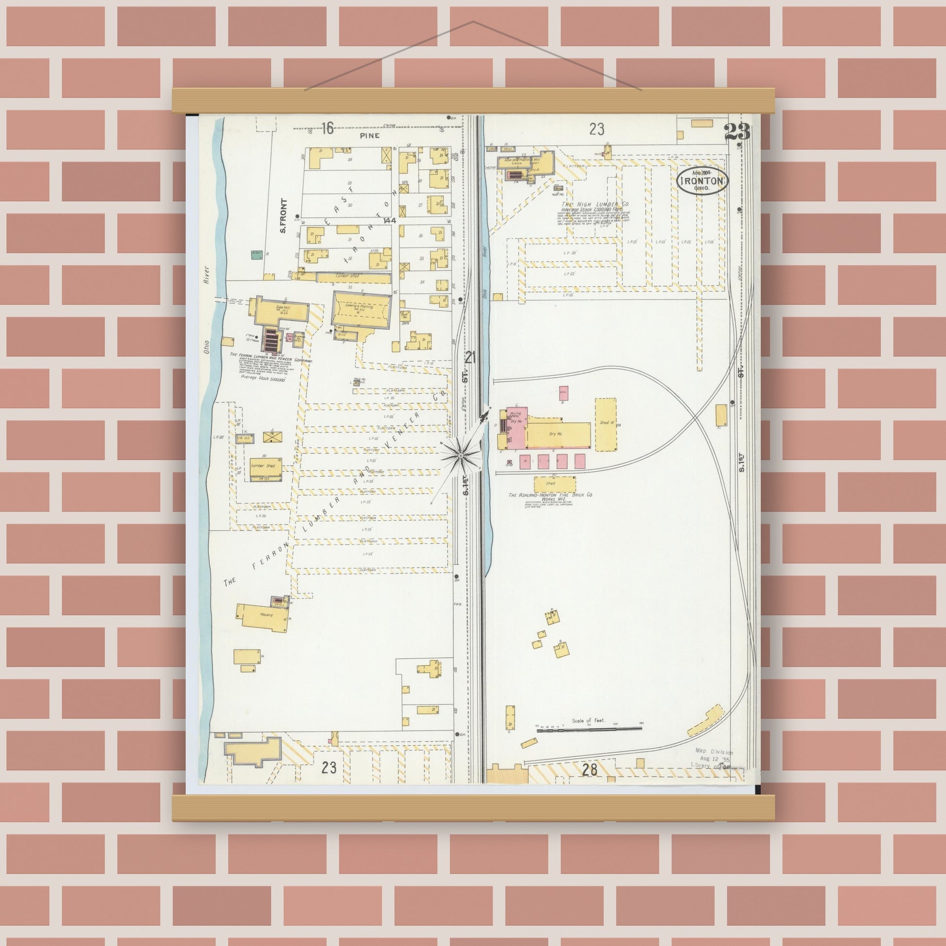 Old map wall art mockup — magnetic wood frame on brick wall — Sanborn Fire Insurance Map from Ironton, Lawrence County, Ohio (1904), Sheet #0023