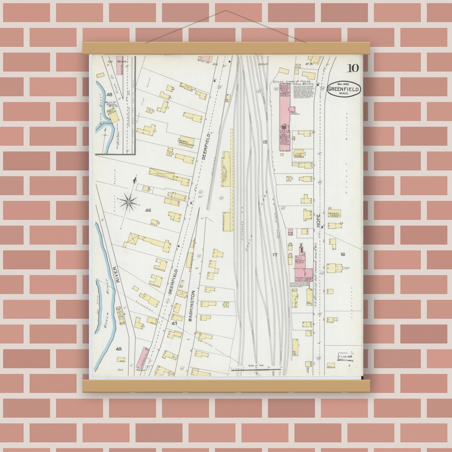 Old map wall art mockup — magnetic wood frame on brick wall — Sanborn Fire Insurance Map from Greenfield, Franklin County, Massachusetts (1892), Sheet #0010