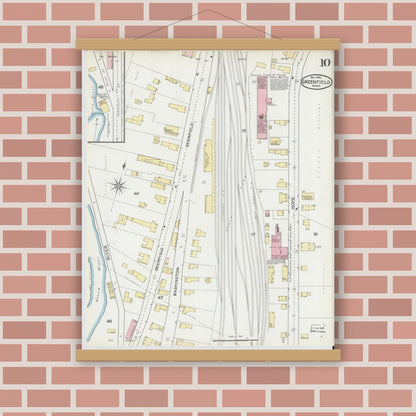 Old map wall art mockup — magnetic wood frame on brick wall — Sanborn Fire Insurance Map from Greenfield, Franklin County, Massachusetts (1892), Sheet #0010