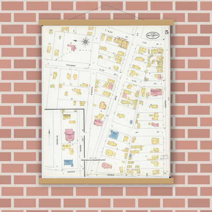 Old map wall art mockup — magnetic wood frame on brick wall — Sanborn Fire Insurance Map from Whitewater, Walworth County, Wisconsin (1904), Sheet #0005