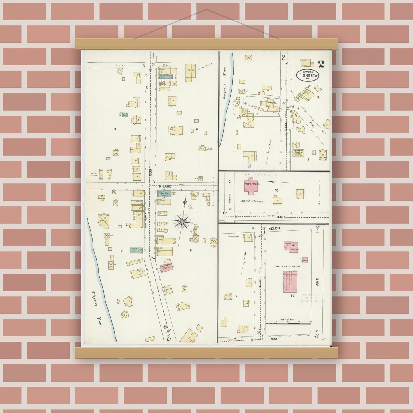 Old map wall art mockup — magnetic wood frame on brick wall — Sanborn Fire Insurance Map from Tionesta, Forest County, Pennsylvania (1906), Sheet #0002