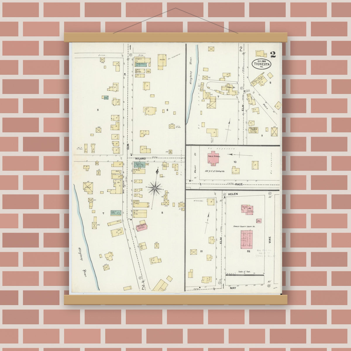 Old map wall art mockup — magnetic wood frame on brick wall — Sanborn Fire Insurance Map from Tionesta, Forest County, Pennsylvania (1906), Sheet #0002