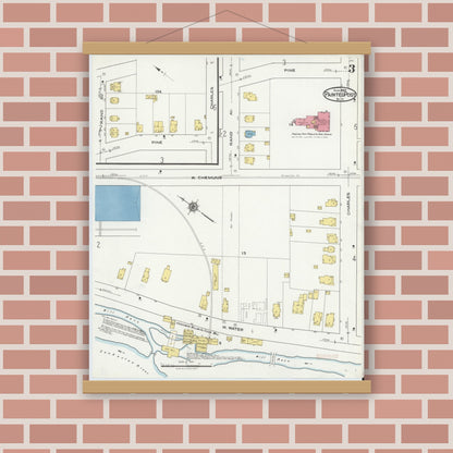 Old map wall art mockup — magnetic wood frame on brick wall — Sanborn Fire Insurance Map from Painted Post, Steuben County, New York (1921), Sheet #0003
