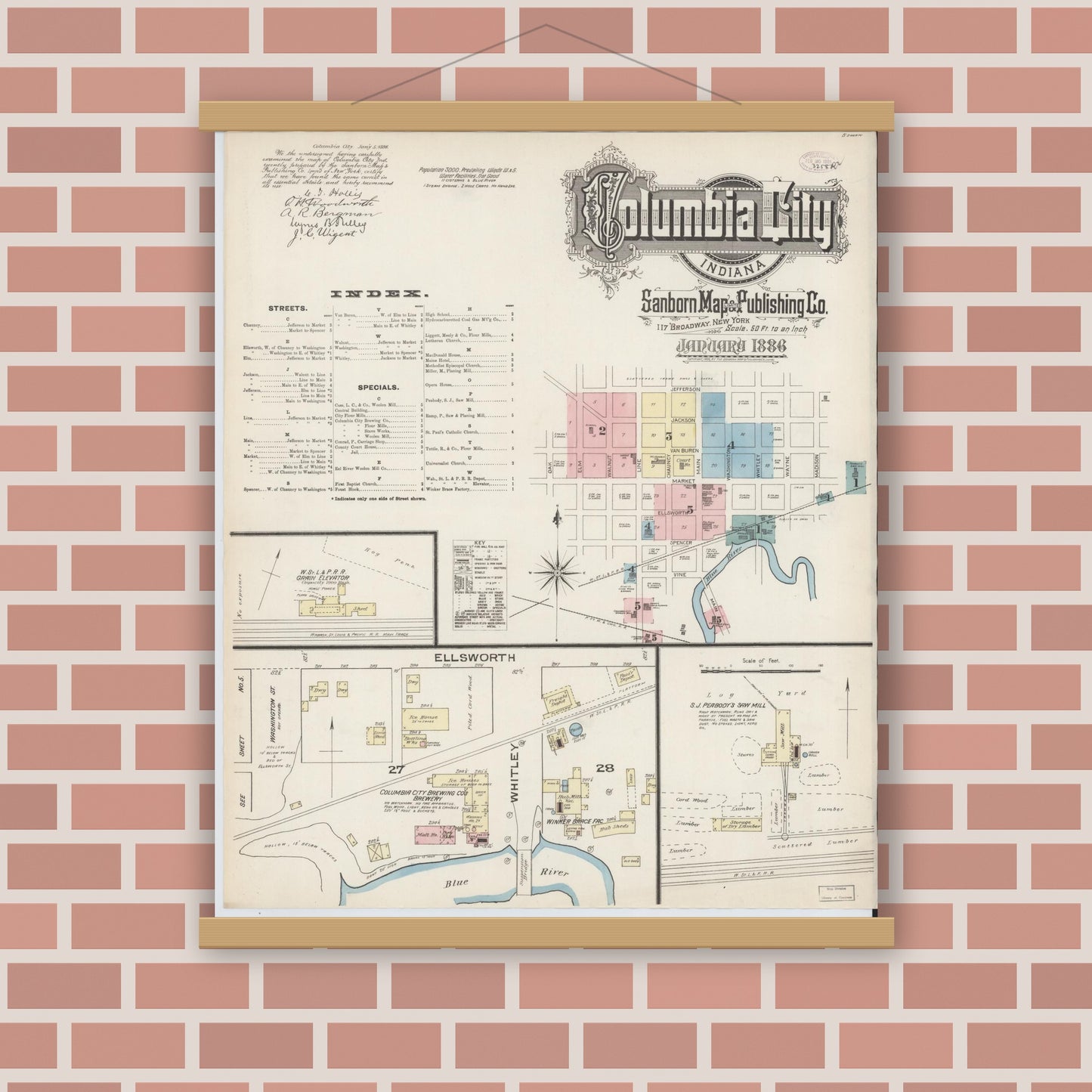 Old map wall art mockup — magnetic wood frame on brick wall — Sanborn Fire Insurance Map from Columbia City, Whitley County, Indiana (1886) - Complete Map Set