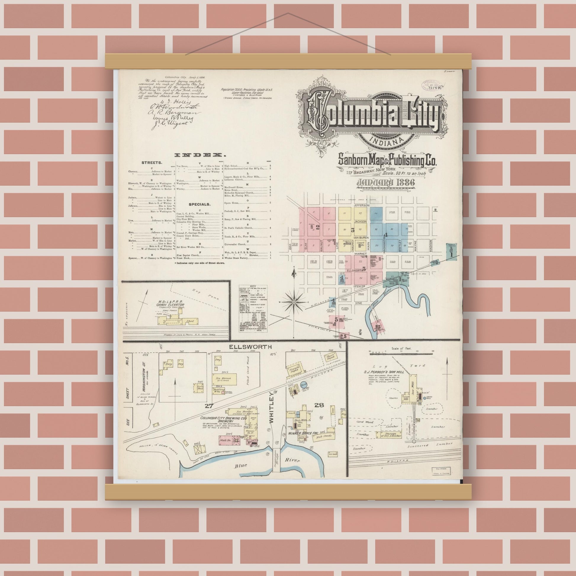 Old map wall art mockup — magnetic wood frame on brick wall — Sanborn Fire Insurance Map from Columbia City, Whitley County, Indiana (1886) - Complete Map Set
