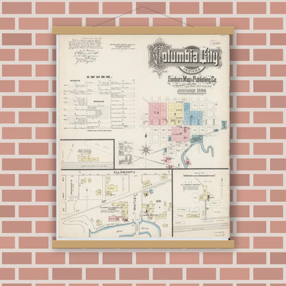 Old map wall art mockup — magnetic wood frame on brick wall — Sanborn Fire Insurance Map from Columbia City, Whitley County, Indiana (1886) - Complete Map Set