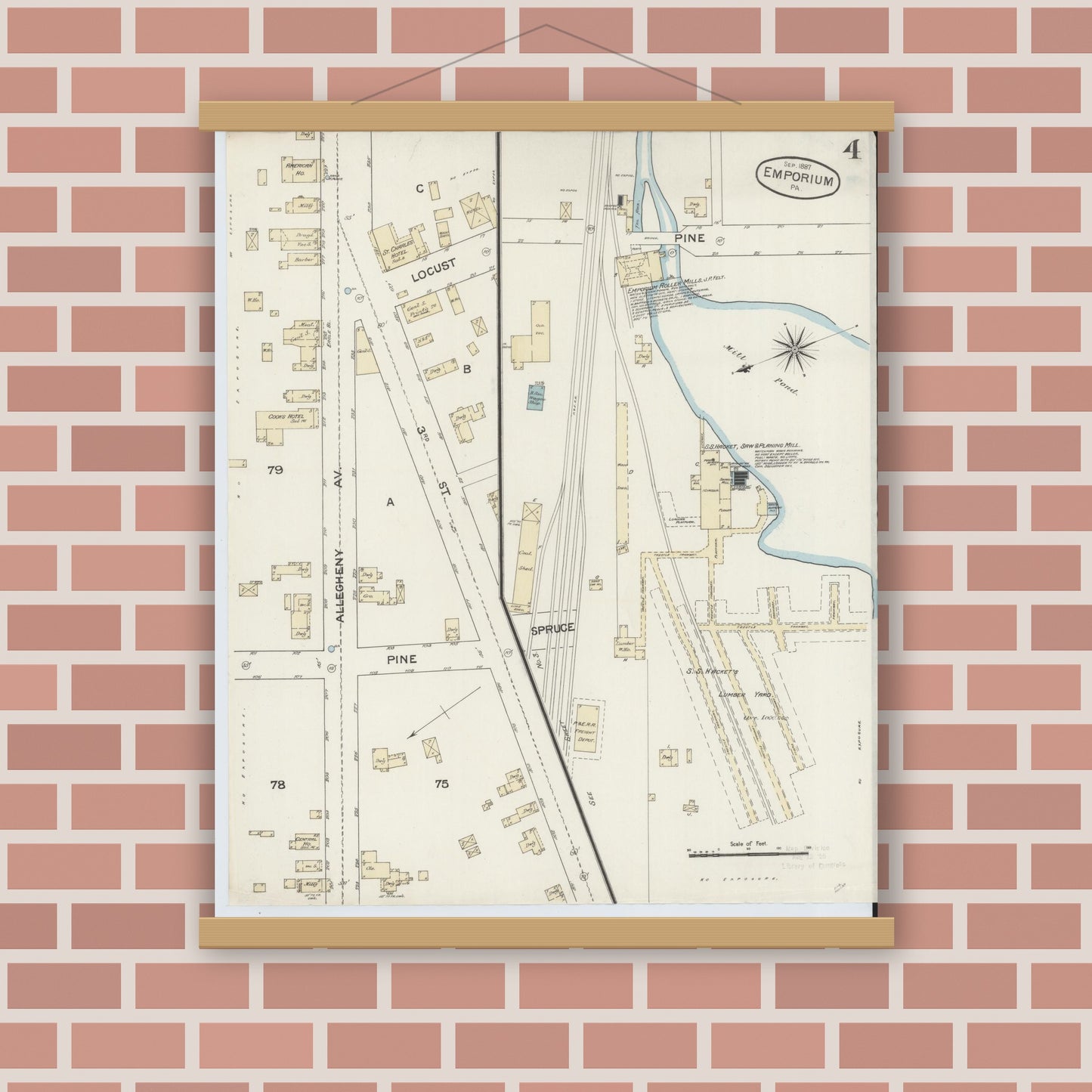 Old map wall art mockup — magnetic wood frame on brick wall — Sanborn Fire Insurance Map from Emporium, Cameron County, Pennsylvania (1887), Sheet #0004