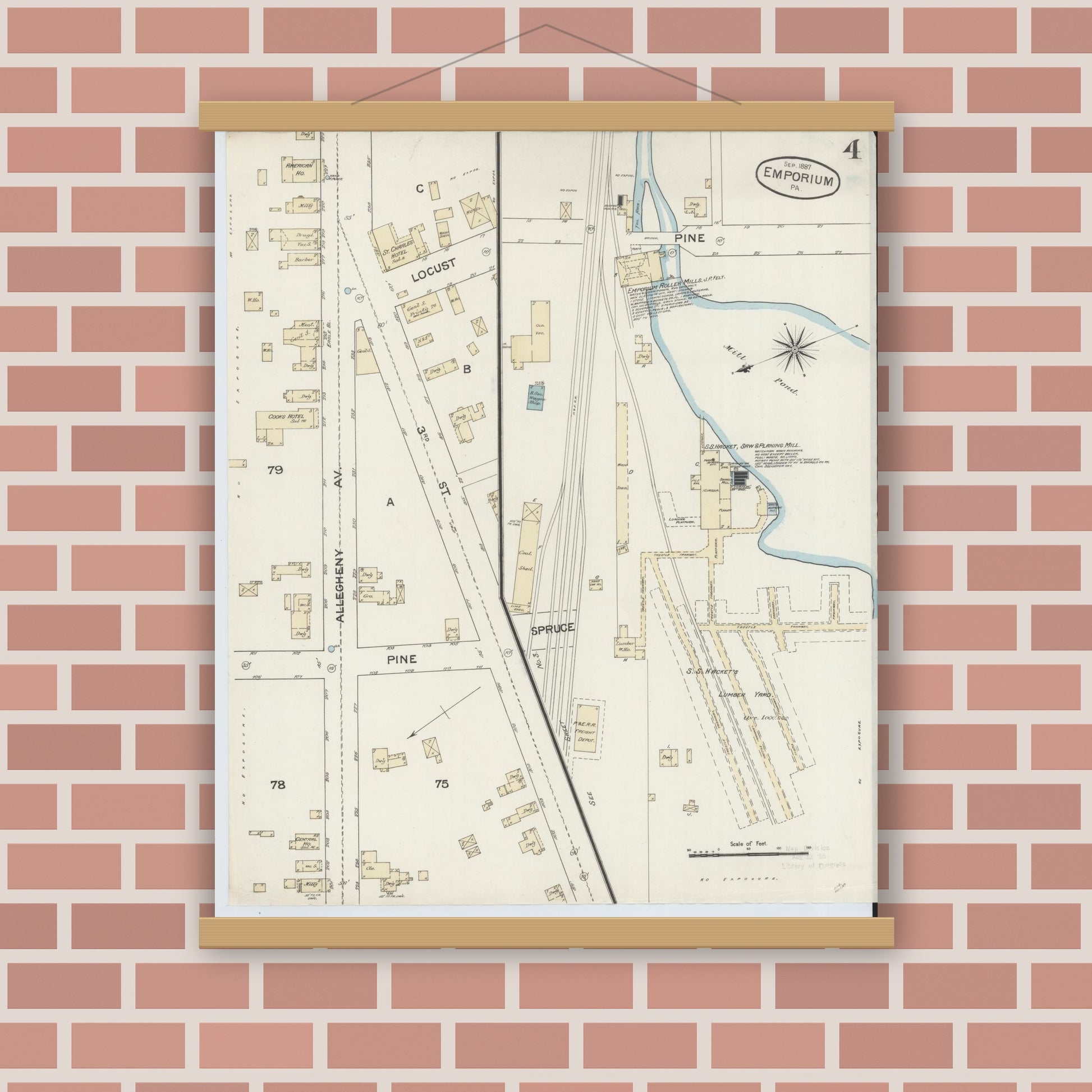 Old map wall art mockup — magnetic wood frame on brick wall — Sanborn Fire Insurance Map from Emporium, Cameron County, Pennsylvania (1887), Sheet #0004