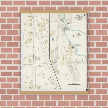 Old map wall art mockup — magnetic wood frame on brick wall — Sanborn Fire Insurance Map from Emporium, Cameron County, Pennsylvania (1887), Sheet #0004