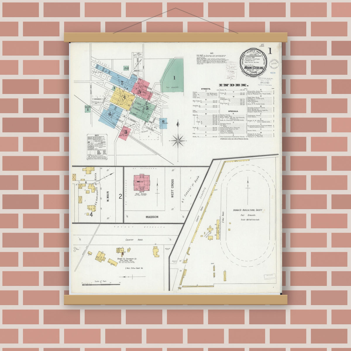 Old map wall art mockup — magnetic wood frame on brick wall — Sanborn Fire Insurance Map from Mount Sterling, Brown County, Illinois (1900), Sheet #0001